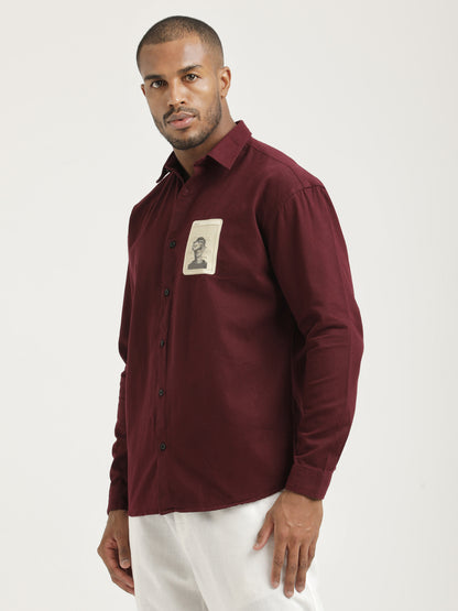 Slim Fit Cotton Shirt with Graphic Stickers Maroon