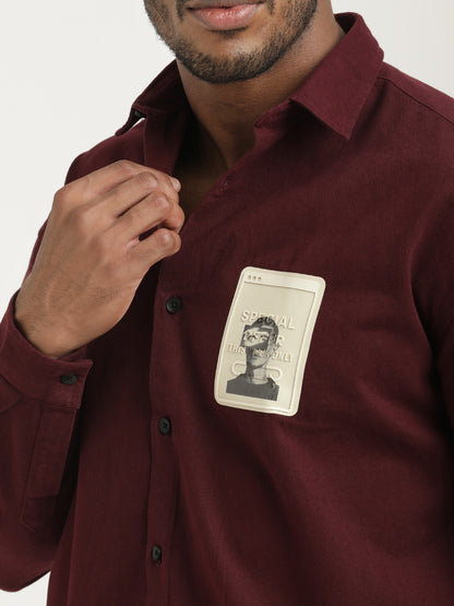 Slim Fit Cotton Shirt with Graphic Stickers Maroon