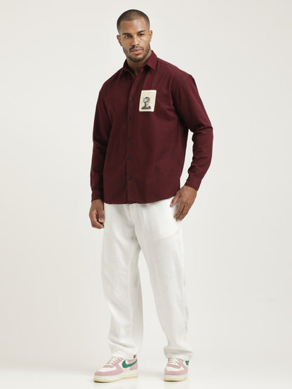 Slim Fit Cotton Shirt with Graphic Stickers Maroon