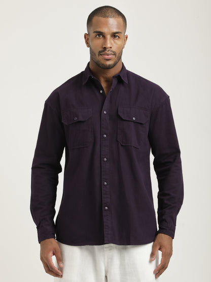 Casual Fit Cotton Shirt with Double Pockets Purple
