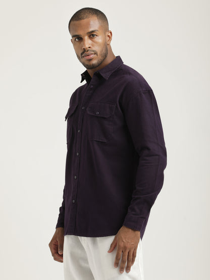 Casual Fit Cotton Shirt with Double Pockets Purple