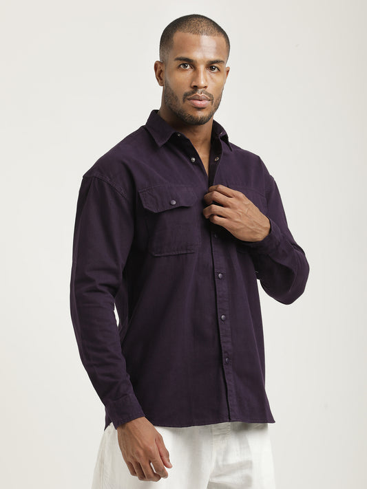 Casual Fit Cotton Shirt with Double Pockets Purple