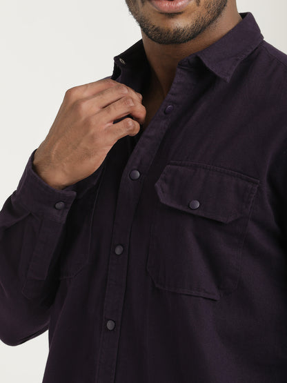 Casual Fit Cotton Shirt with Double Pockets Purple