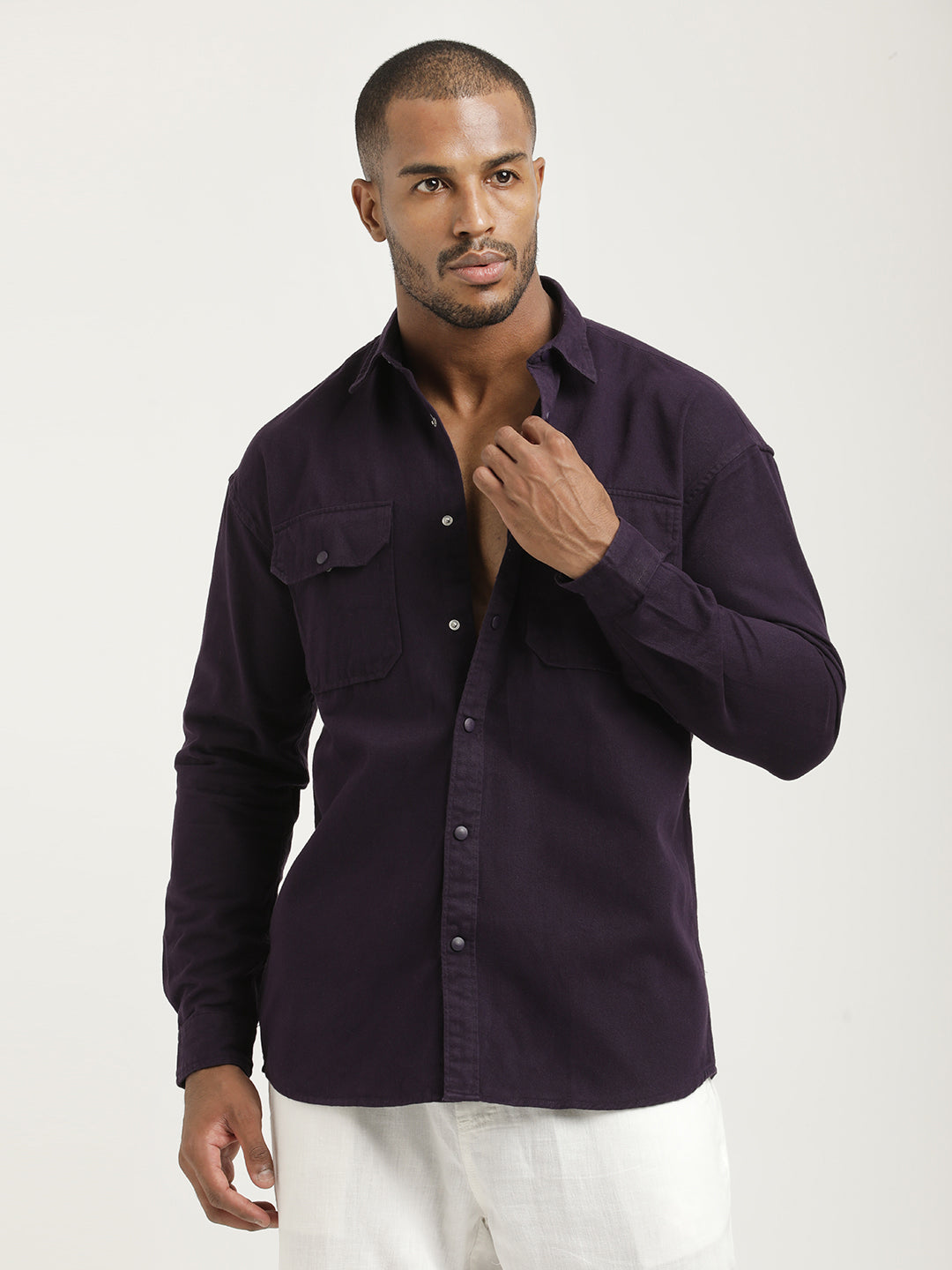 Casual Fit Cotton Shirt with Double Pockets Purple