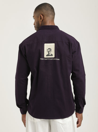 Slim Fit Cotton Shirt with Graphic Stickers Indigo