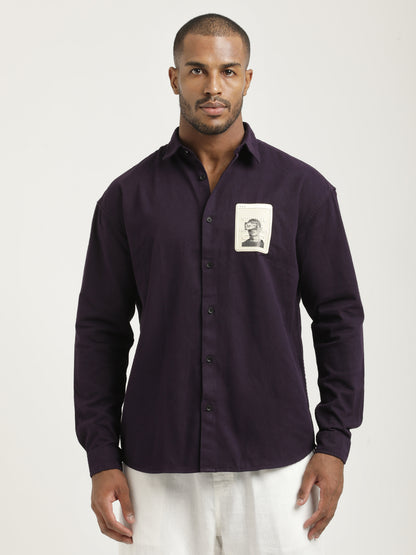 Slim Fit Cotton Shirt with Graphic Stickers Indigo