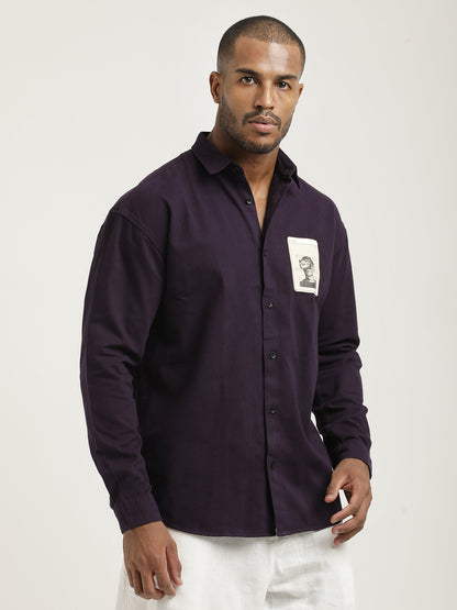 Slim Fit Cotton Shirt with Graphic Stickers Indigo