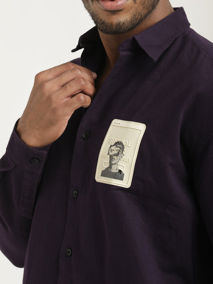 Slim Fit Cotton Shirt with Graphic Stickers Indigo