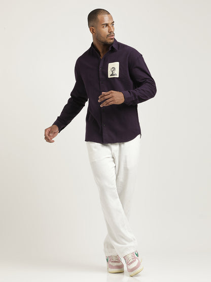 Slim Fit Cotton Shirt with Graphic Stickers Indigo