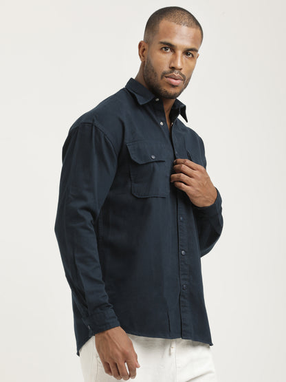 Casual Fit Cotton Shirt with Double Pockets Navy