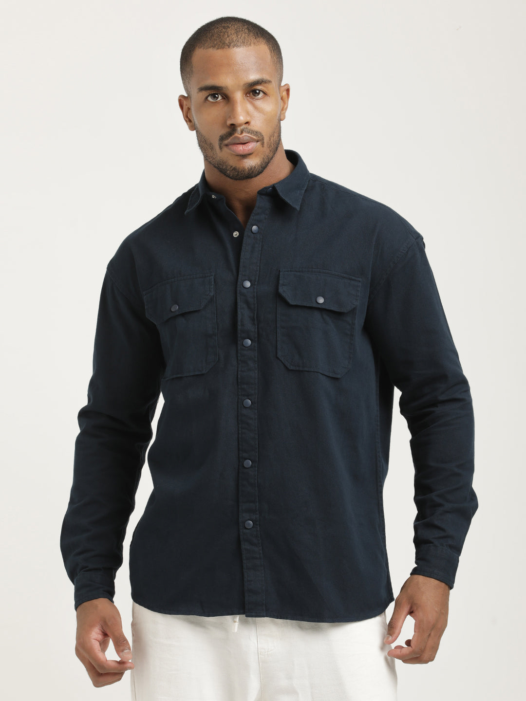 Casual Fit Cotton Shirt with Double Pockets Navy
