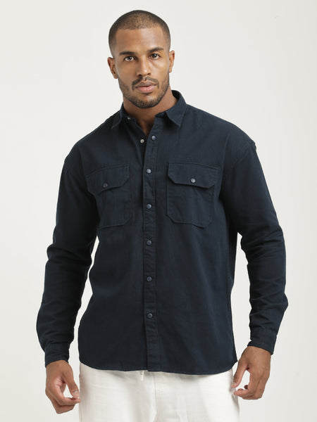 Buy Men's Navy Casual Fit Cotton Shirt – Double Pocket Blu Mnky