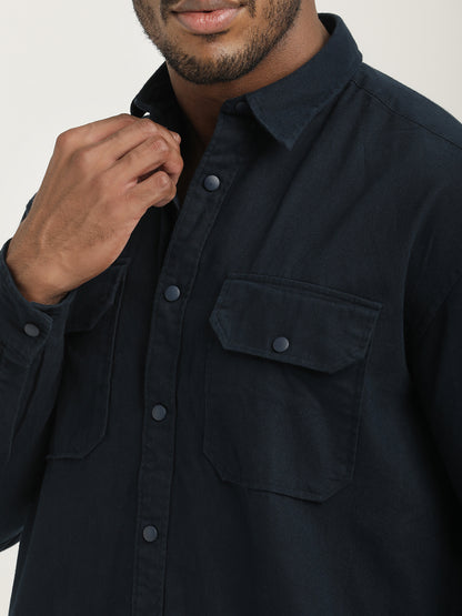 Casual Fit Cotton Shirt with Double Pockets Navy