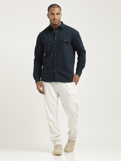 Casual Fit Cotton Shirt with Double Pockets Navy