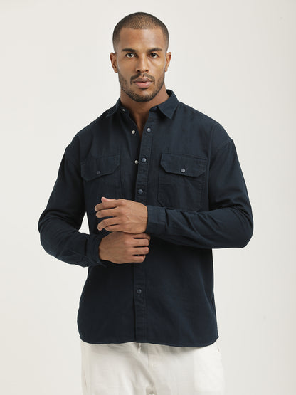 Casual Fit Cotton Shirt with Double Pockets Navy