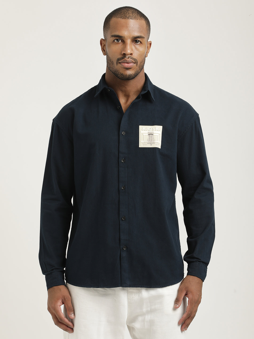Slim Fit Cotton Shirt with Graphic Stickers Navy