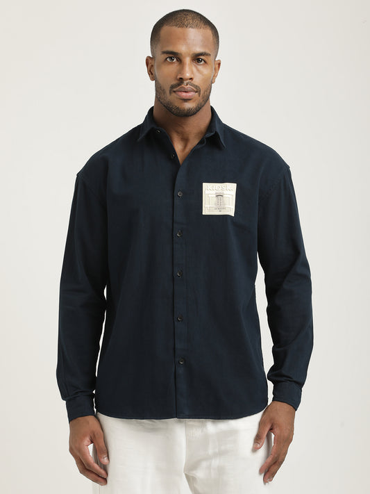 Slim Fit Cotton Shirt with Graphic Stickers Navy