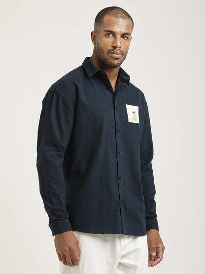 Slim Fit Cotton Shirt with Graphic Stickers Navy