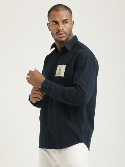 Slim Fit Cotton Shirt with Graphic Stickers Navy