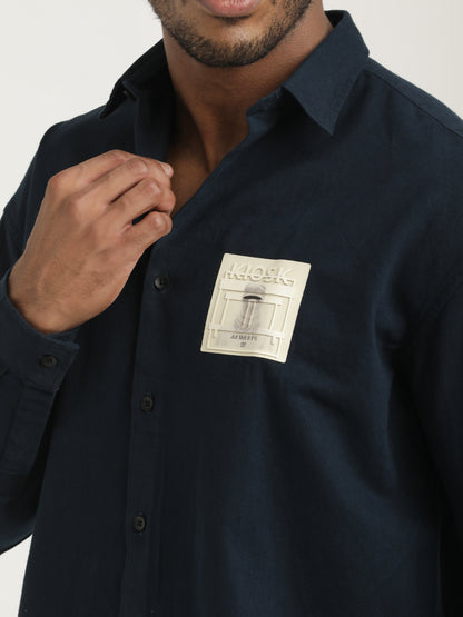 Slim Fit Cotton Shirt with Graphic Stickers Navy