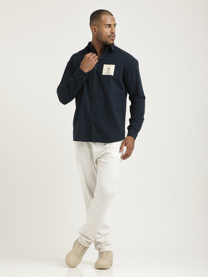 Slim Fit Cotton Shirt with Graphic Stickers Navy