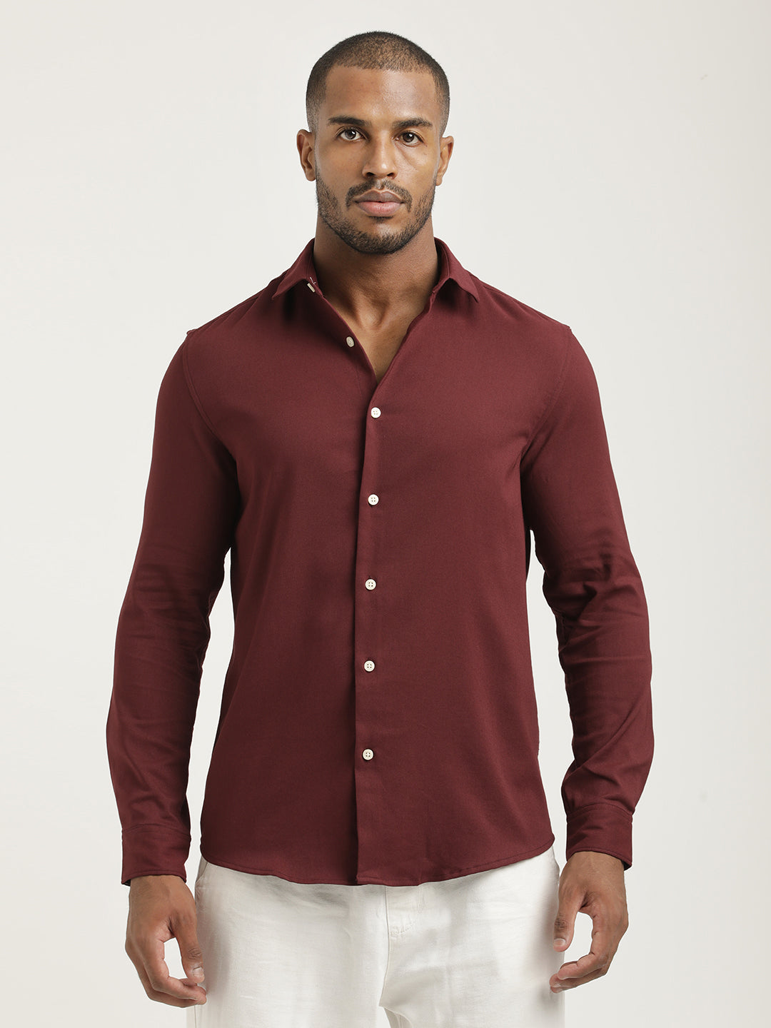 Slim Fit Cotton-Poly Lycra Blend Shirt Maroon
