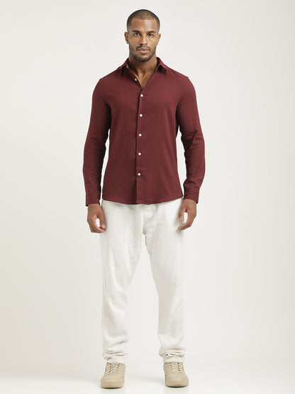 Slim Fit Cotton-Poly Lycra Blend Shirt Maroon