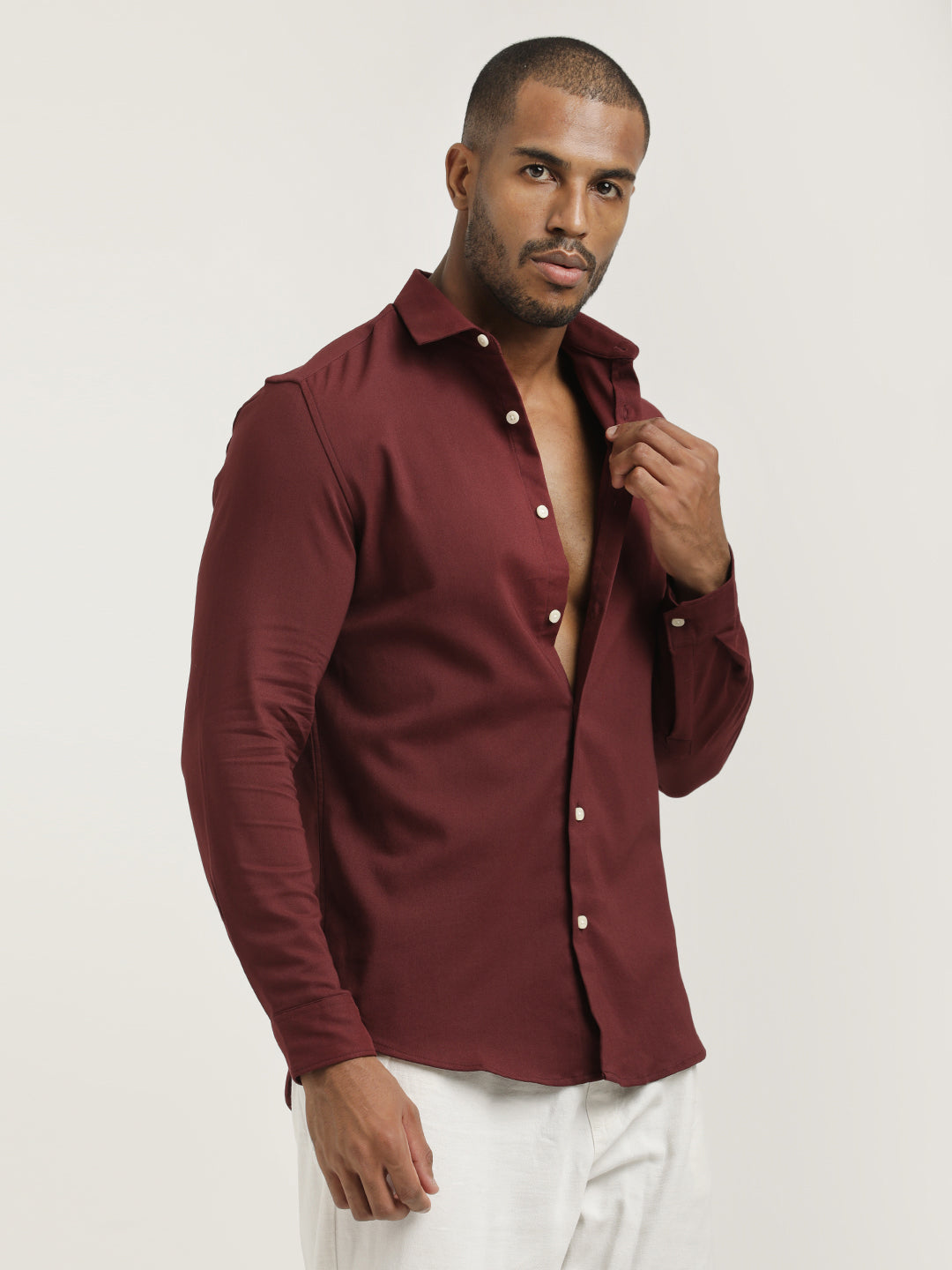 Slim Fit Cotton-Poly Lycra Blend Shirt Maroon