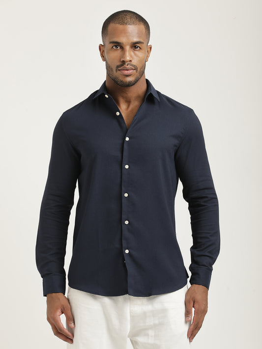 Slim Fit Cotton-Poly Lycra Blend Shirt Navy