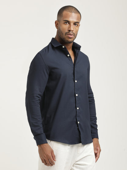 Slim Fit Cotton-Poly Lycra Blend Shirt Navy