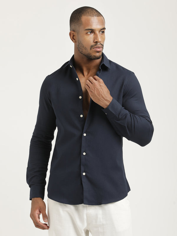 Slim Fit Cotton-Poly Lycra Blend Shirt Navy