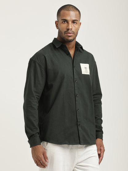 Slim Fit Cotton Shirt with Graphic Stickers Dk Green