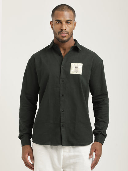 Slim Fit Cotton Shirt with Graphic Stickers Dk Green