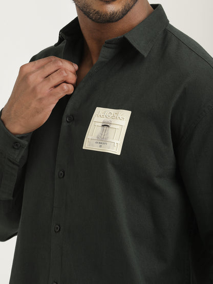 Slim Fit Cotton Shirt with Graphic Stickers Dk Green