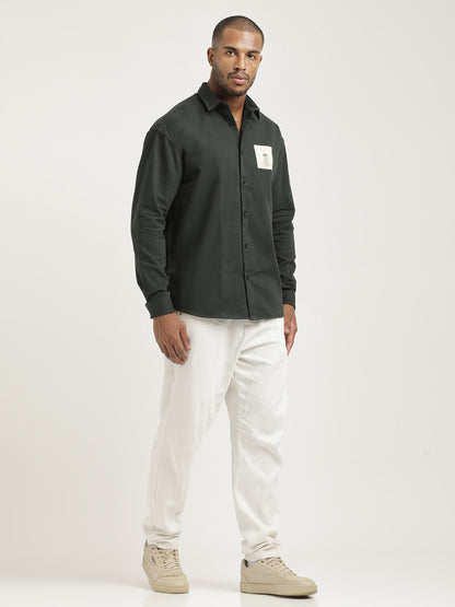 Slim Fit Cotton Shirt with Graphic Stickers Dk Green