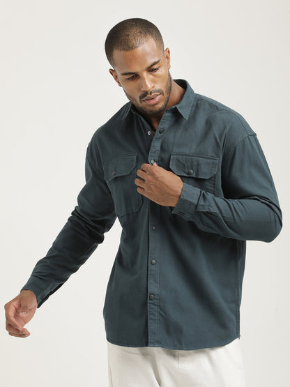 Casual Fit Cotton Shirt with Double Pockets Green