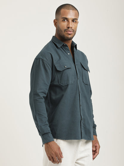 Casual Fit Cotton Shirt with Double Pockets Green