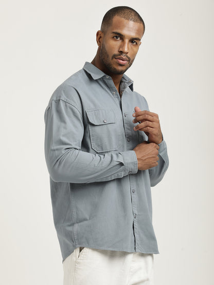 Casual Fit Cotton Shirt with Double Pockets Blue