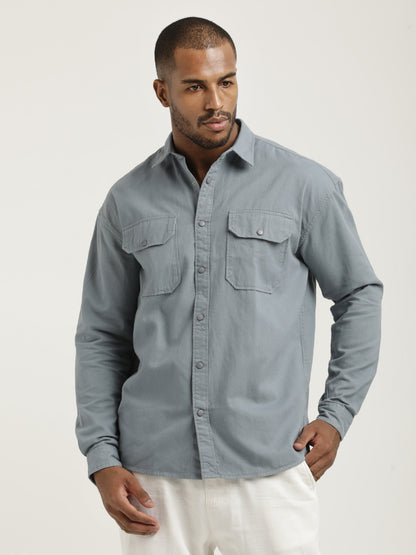 Casual Fit Cotton Shirt with Double Pockets Blue