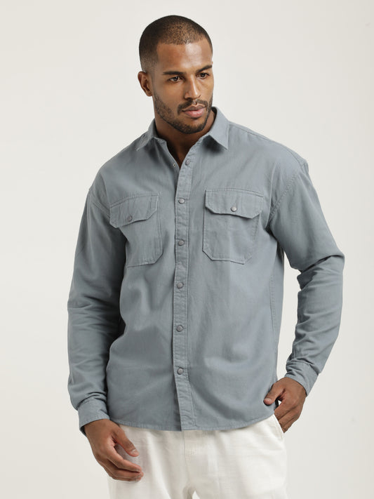 Casual Fit Cotton Shirt with Double Pockets Blue