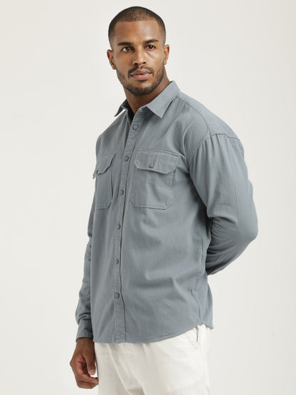 Casual Fit Cotton Shirt with Double Pockets Blue