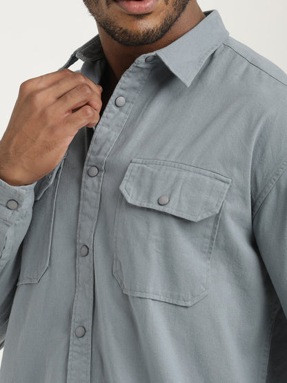 Casual Fit Cotton Shirt with Double Pockets Blue