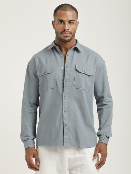 Casual Fit Cotton Shirt with Double Pockets Blue