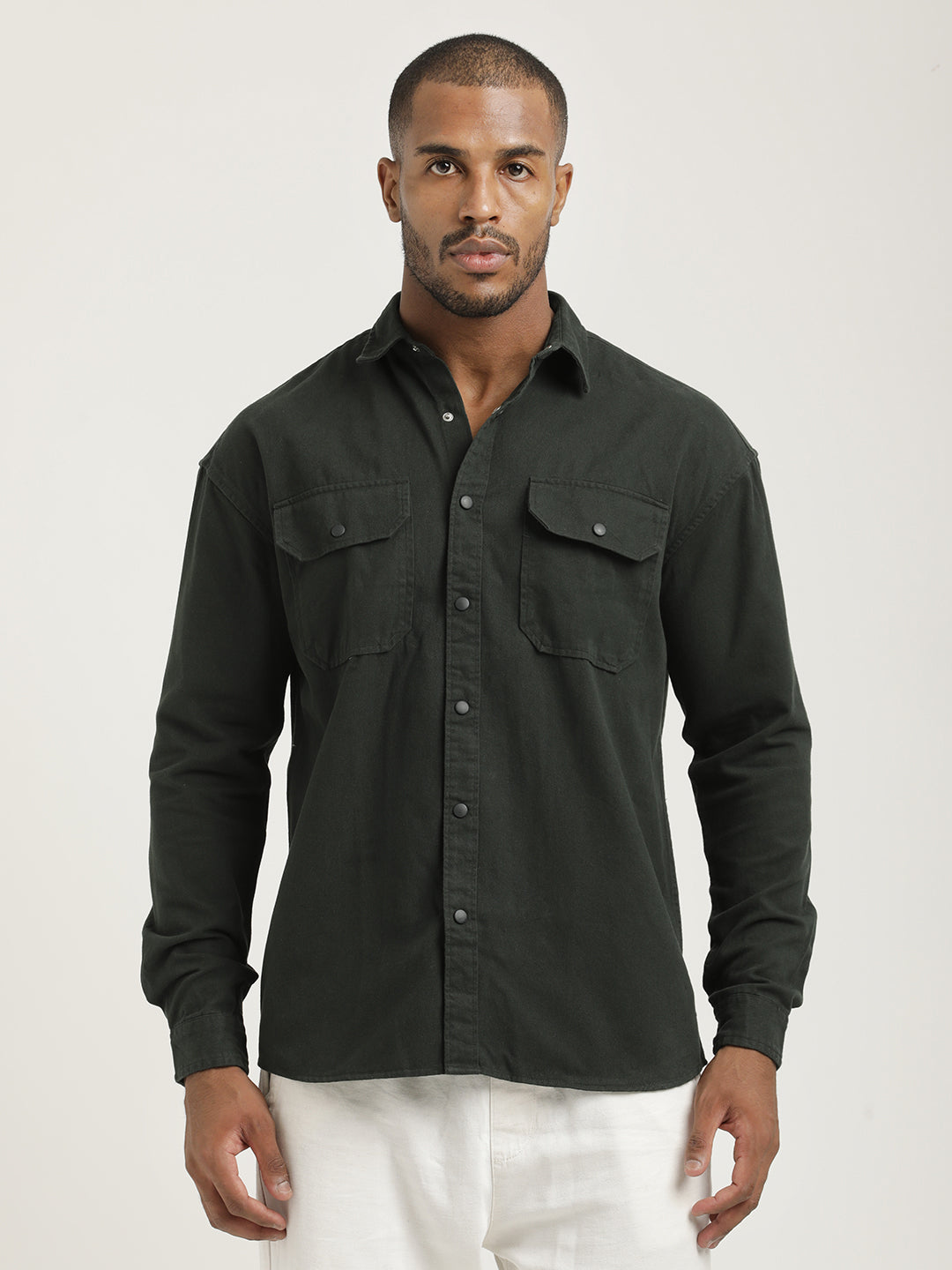 Casual Fit Cotton Shirt with Double Pockets Dk Green