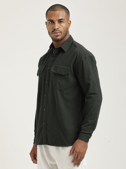 Casual Fit Cotton Shirt with Double Pockets Dk Green