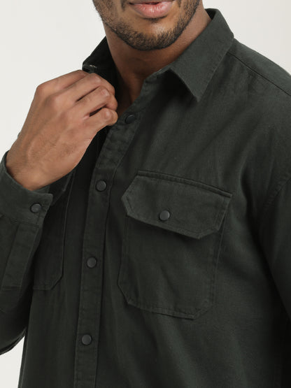 Casual Fit Cotton Shirt with Double Pockets Dk Green