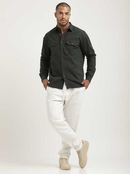 Casual Fit Cotton Shirt with Double Pockets Dk Green