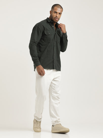 Casual Fit Cotton Shirt with Double Pockets Dk Green