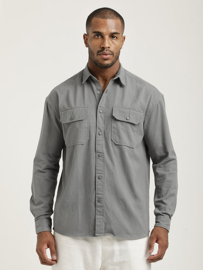 Casual Fit Cotton Shirt with Double Pockets Lt Grey