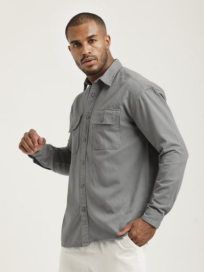 Casual Fit Cotton Shirt with Double Pockets Lt Grey